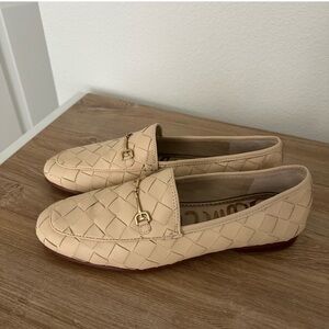 Sam Edelman Cream Woven Loafers with Gold Buckle